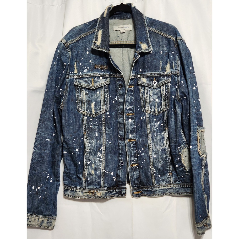 Calvin Klein Jeans Gold Mine Distressed Paint Splatter Denim Trucker Jacket